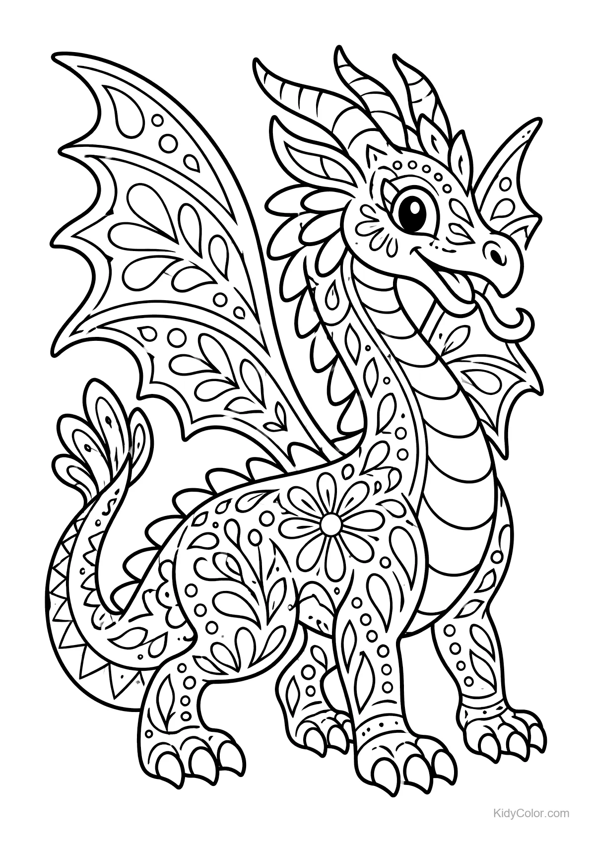 Folk-art dragon with floral and geometric patterns.