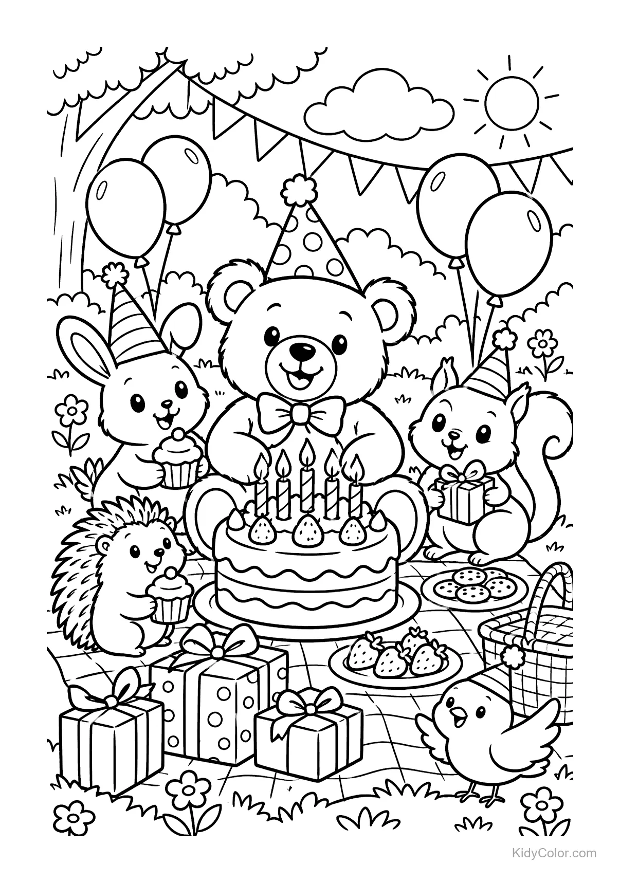 Animales del bosque con pastel, globos y regalos en un picnic.