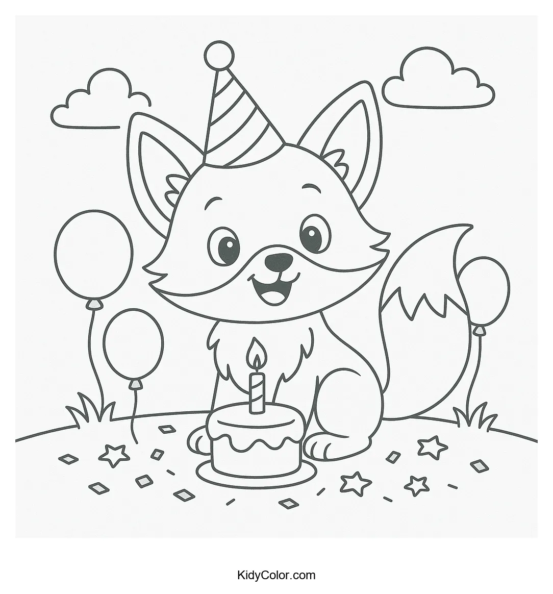 Fox celebrating its birthday with balloons and a cake.