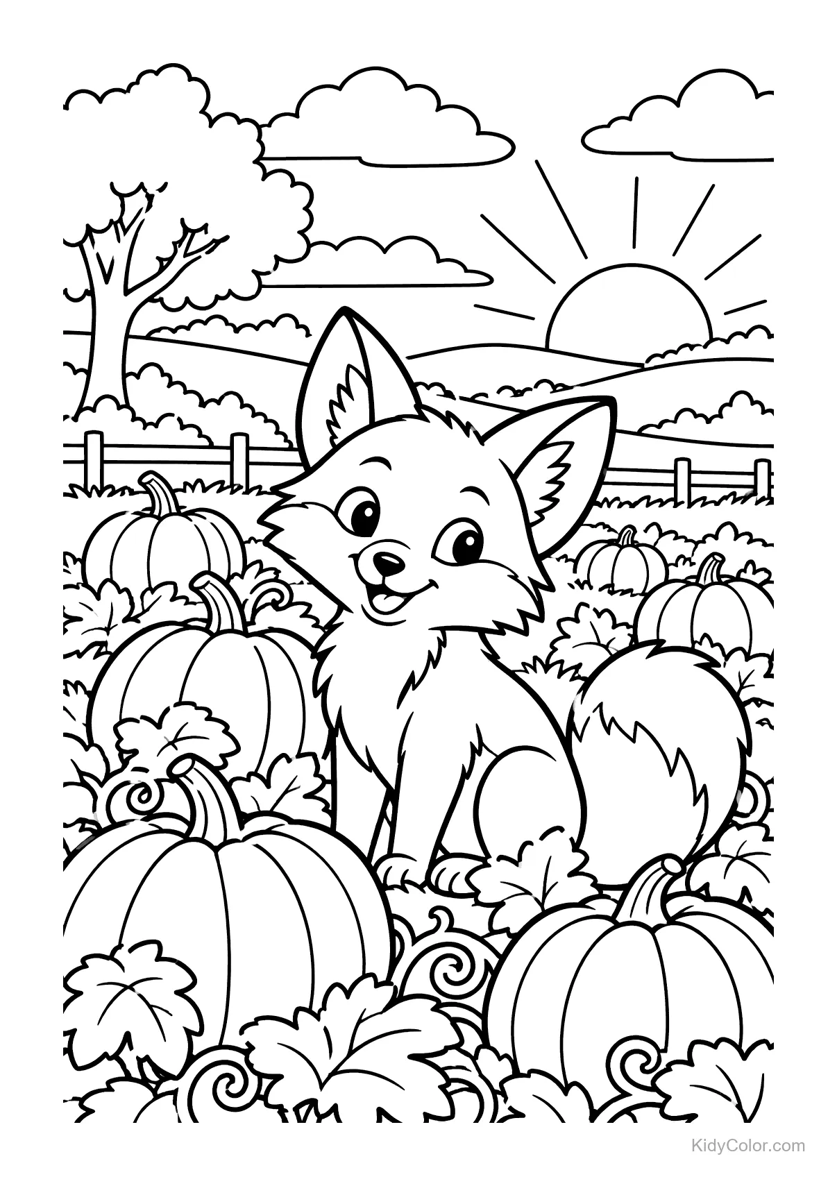 A fox sitting among pumpkins in a field with a sunset.