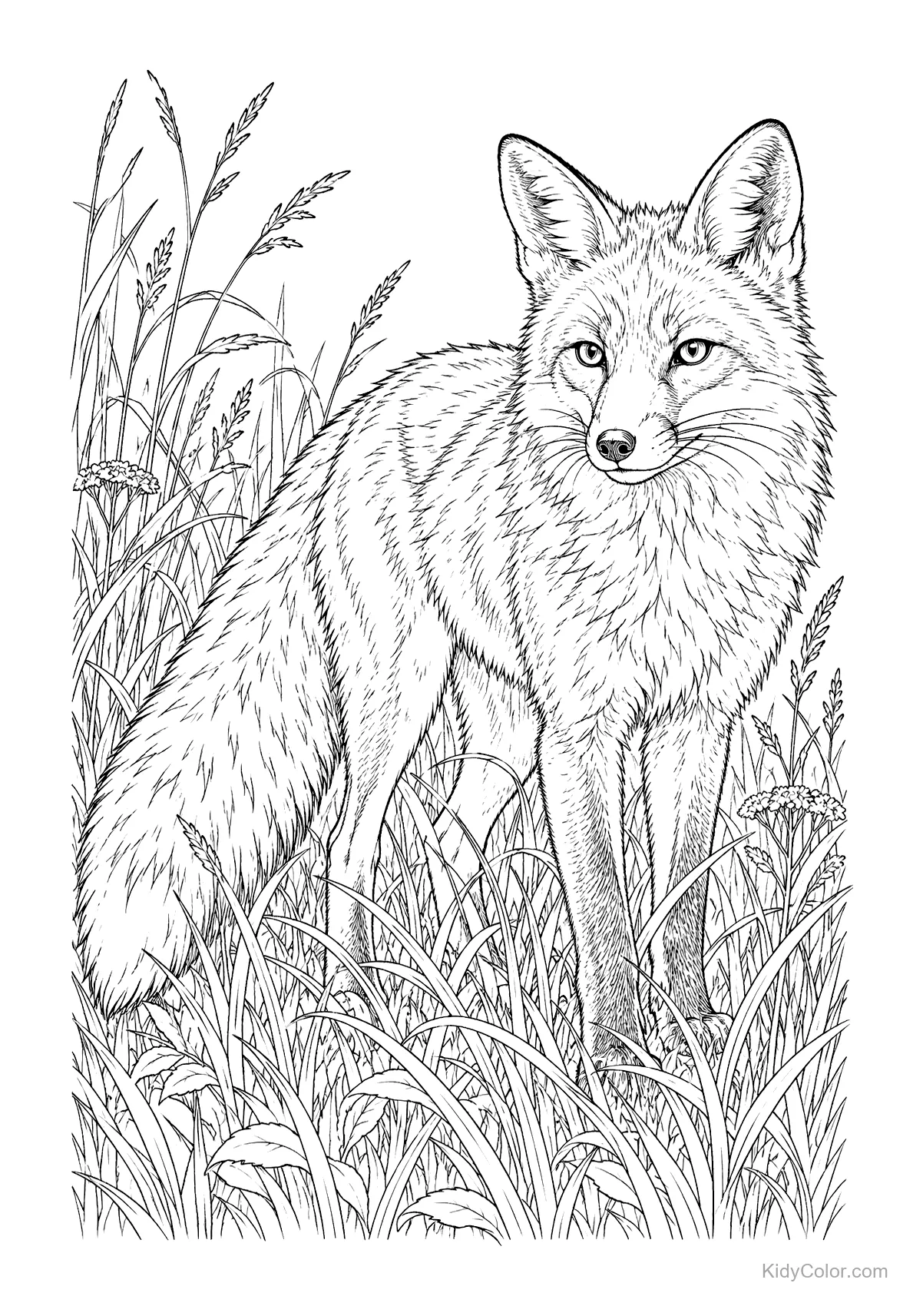 A fox standing in tall grass in a meadow.