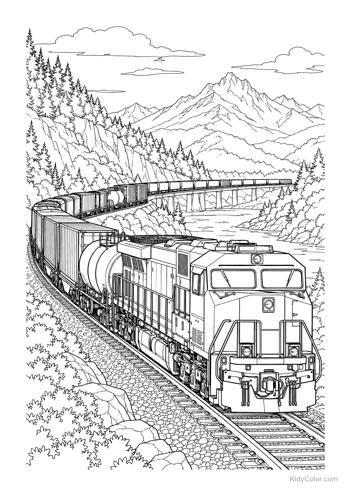 A freight train in the mountains surrounded by trees and hills.