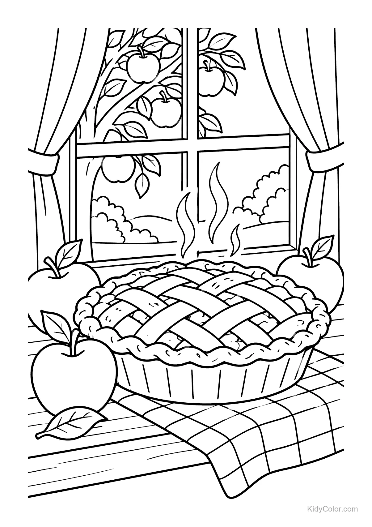 A steaming apple pie on a checkered cloth by a window with apple trees.