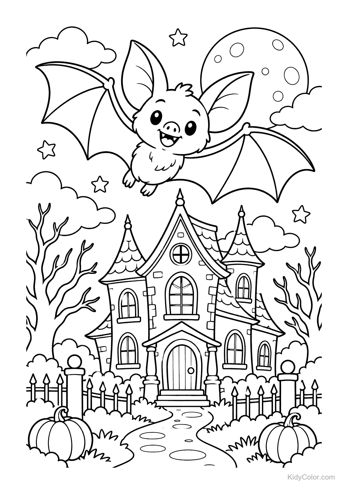 Chauve-souris amicale volant au-dessus d'une maison hantée avec lune et citrouilles.