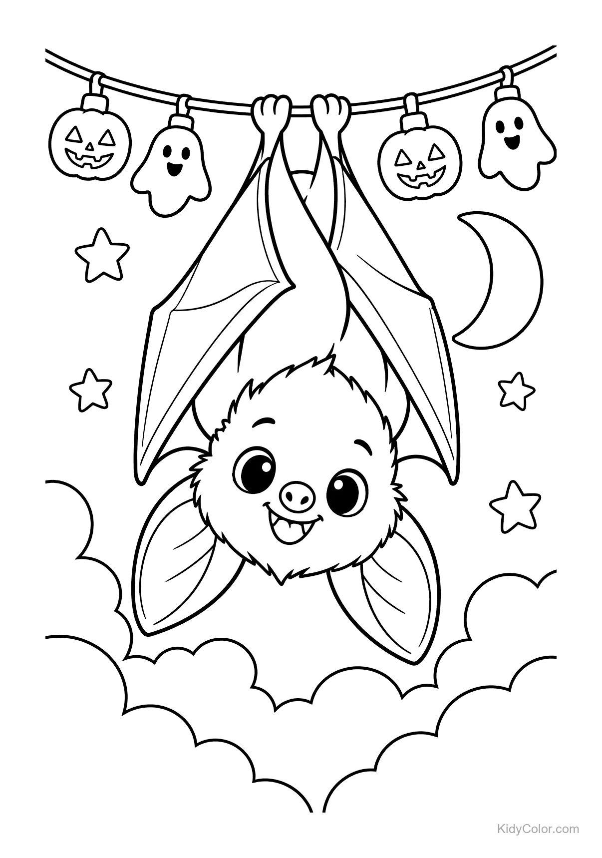 Pipistrello sorridente appeso a luci con zucche e fantasmi.