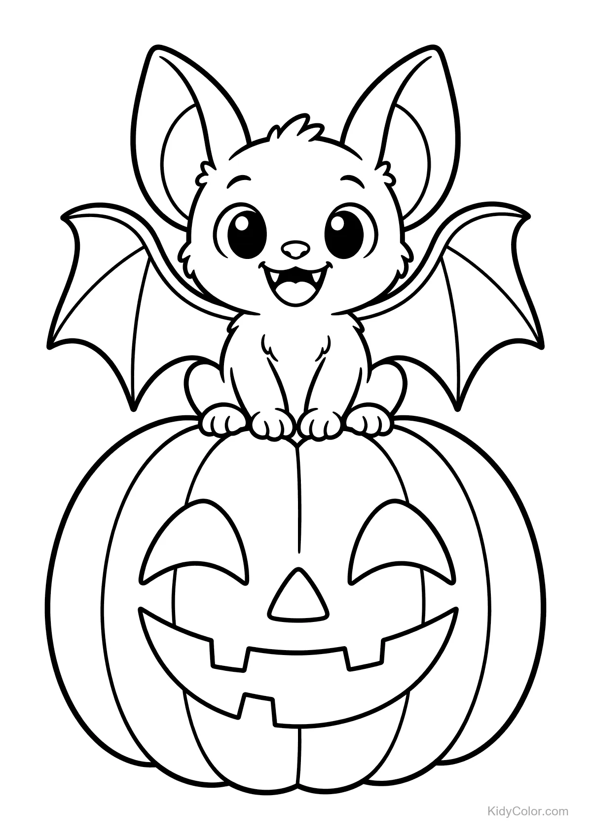 Pipistrello amichevole seduto su una zucca intagliata sorridente.