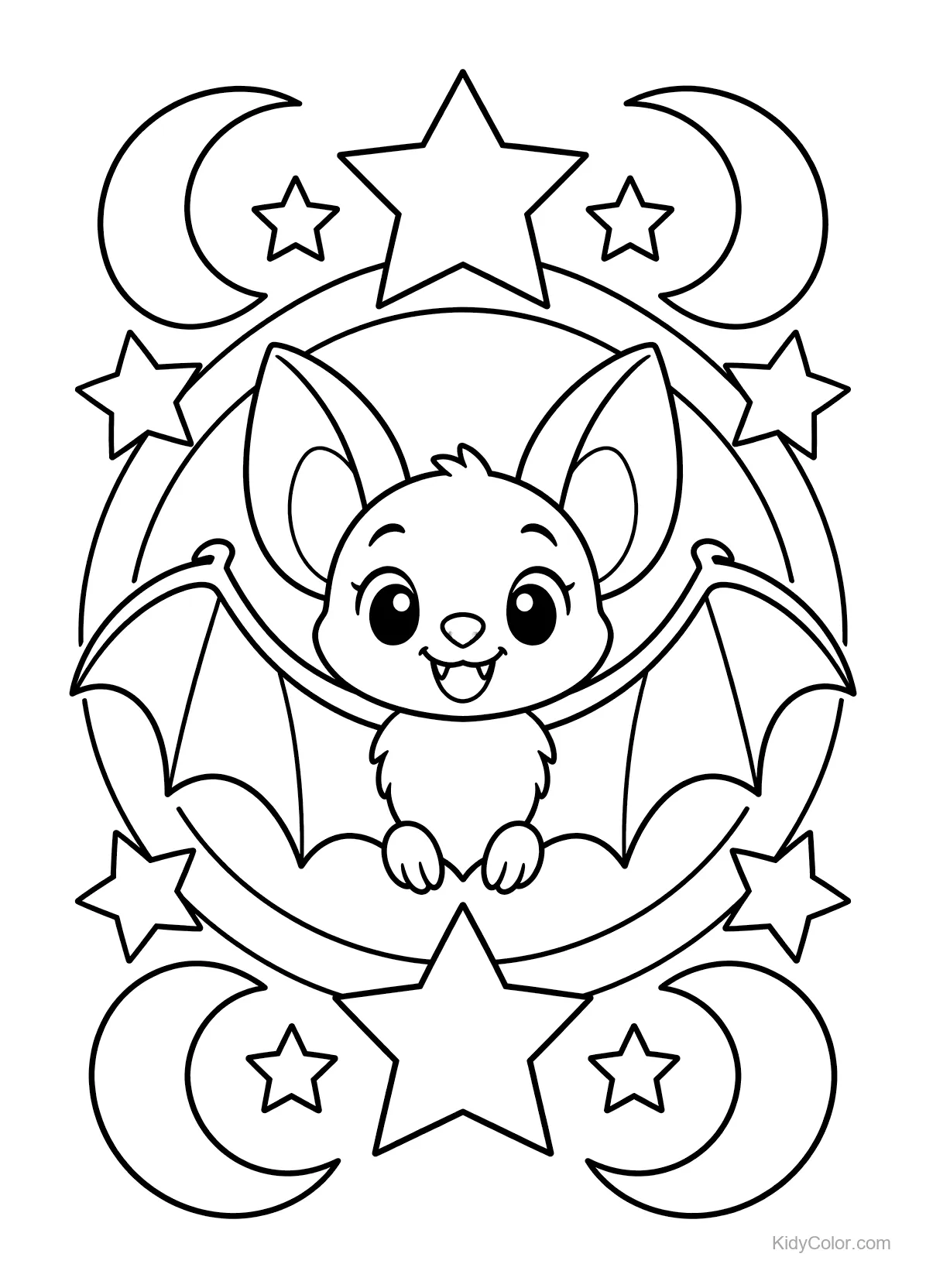 Freundliche Fledermaus mit großen Ohren und Flügeln, umgeben von Monden und Sternen im Mandala-Layout.