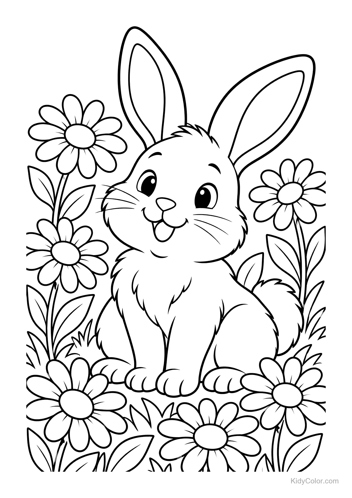 A cute bunny sitting in a field of daisies.