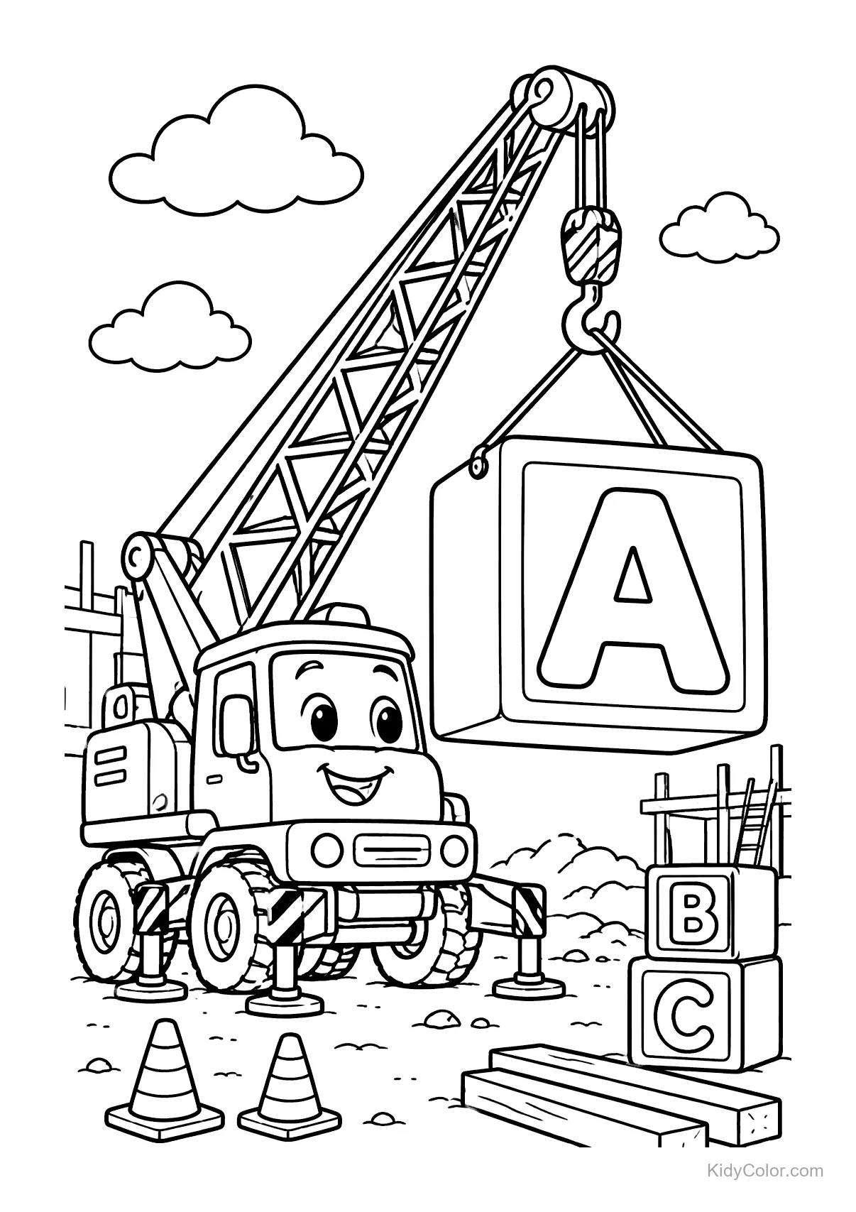 Friendly crane lifting an alphabet A block on a site.