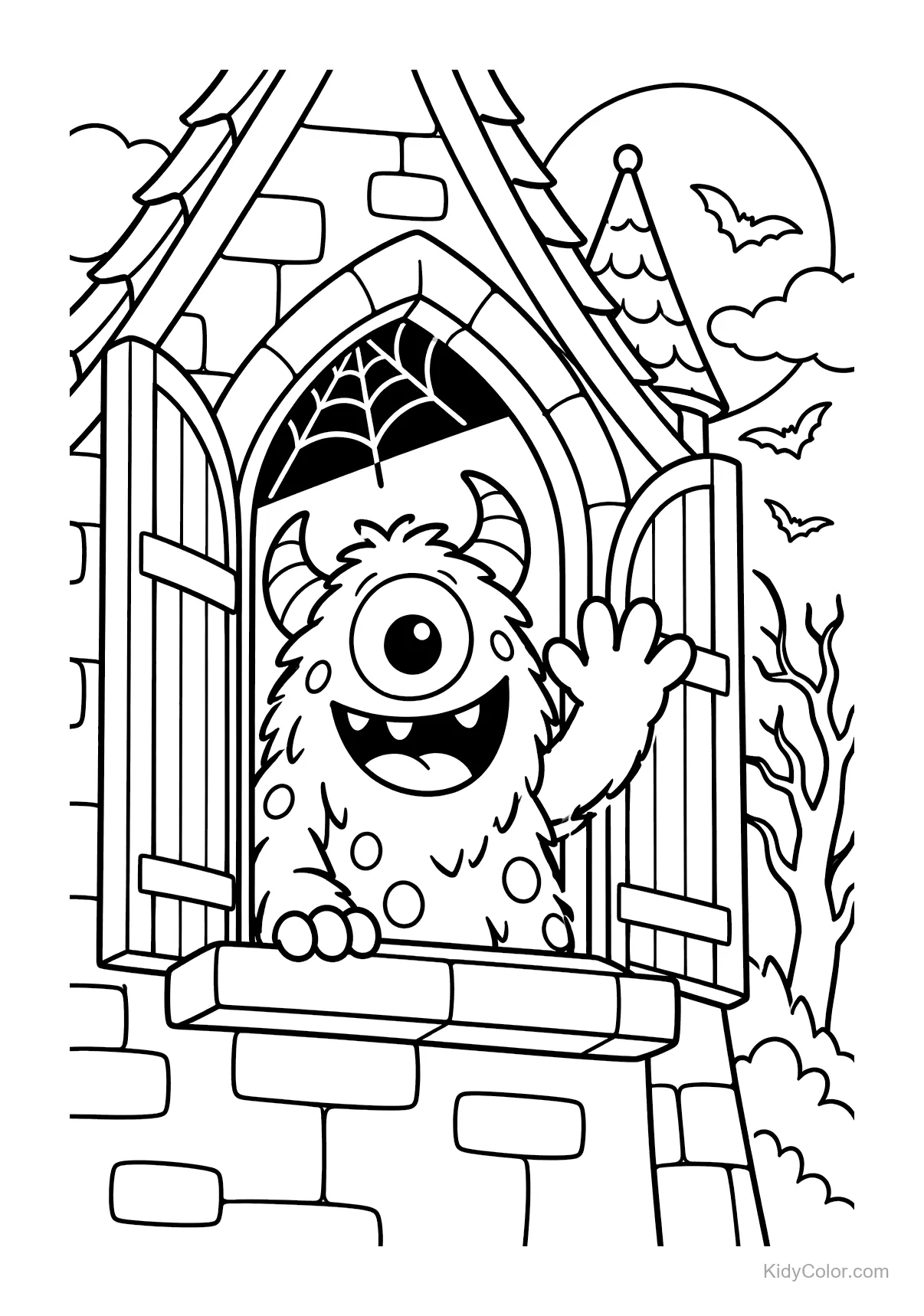 Friendly cyclops with one eye waving from a haunted window.