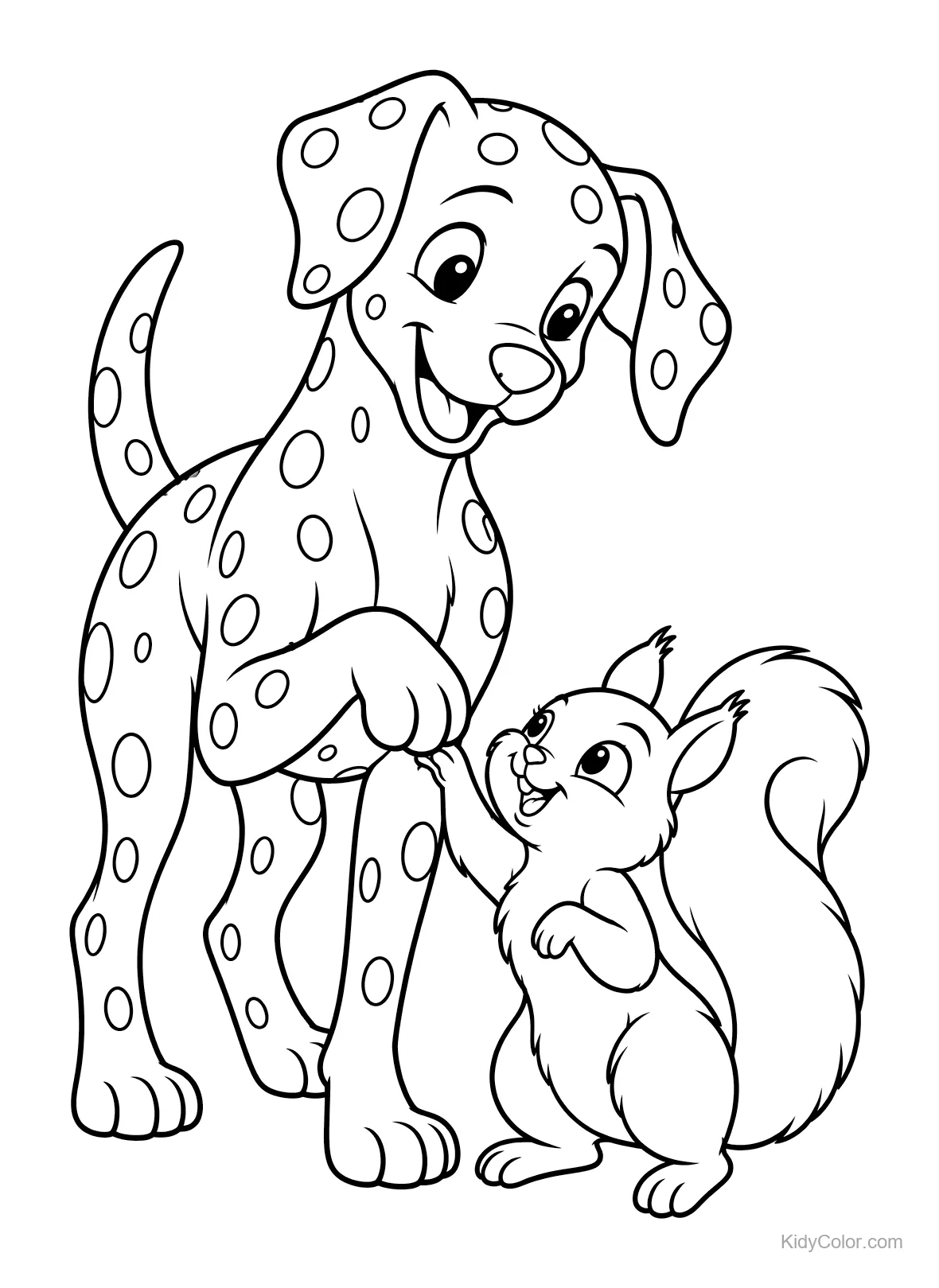 Dalmatian and squirrel greeting each other with a paw shake.