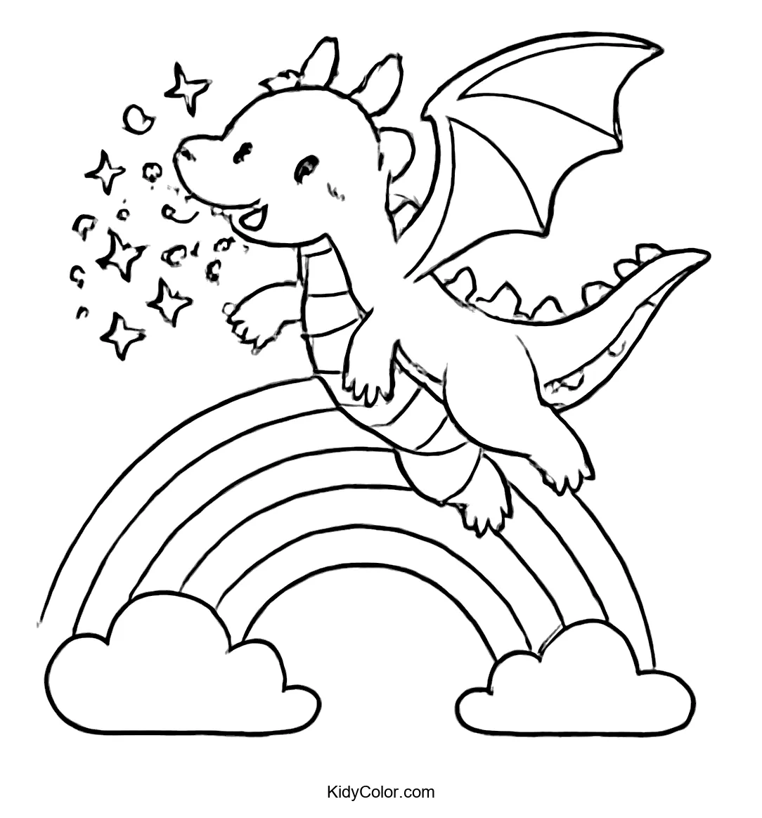 A dragon flying above a rainbow and breathing stars.