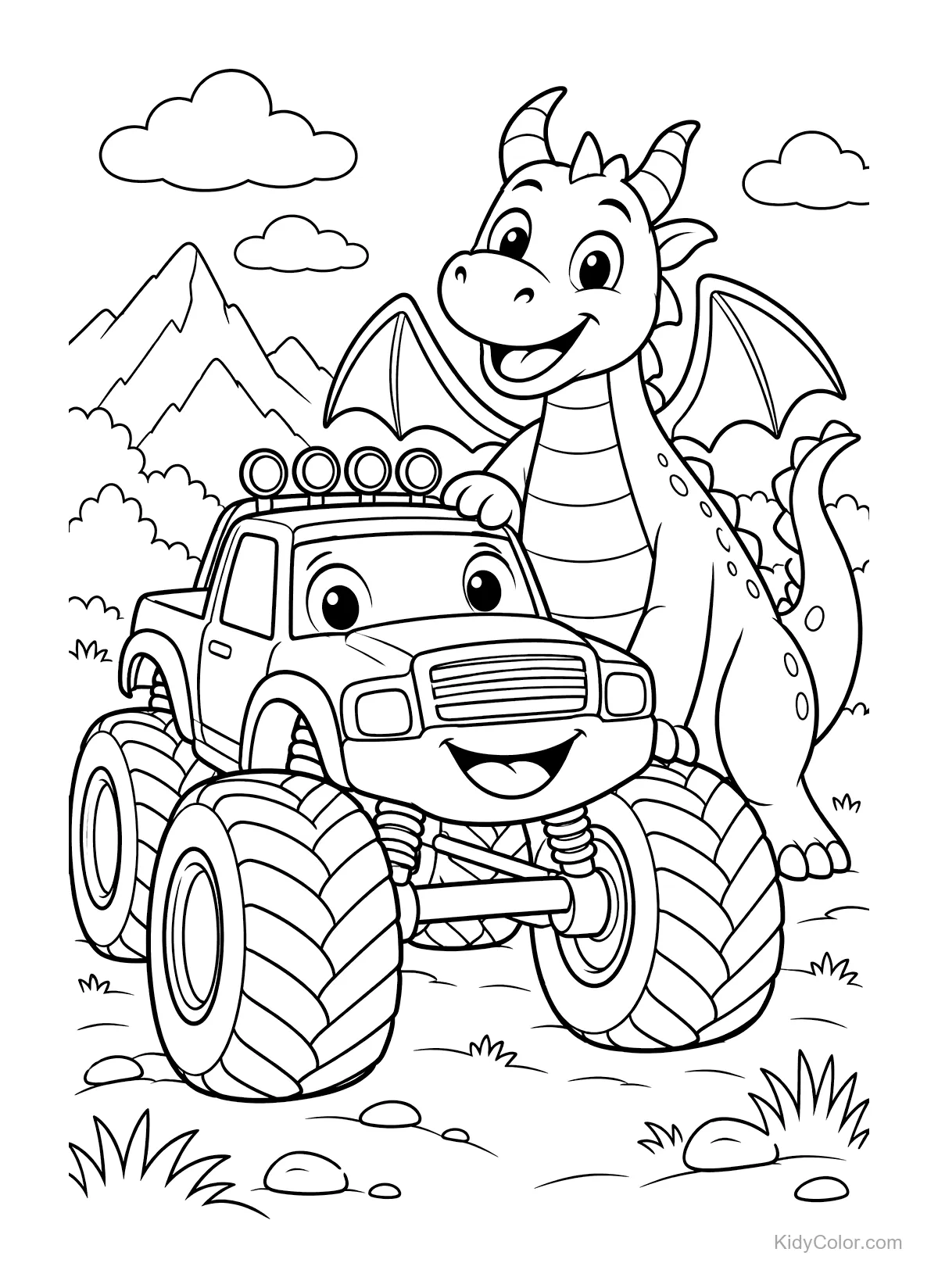 Dragón sonriente al lado de un camión monstruo alegre con montañas.