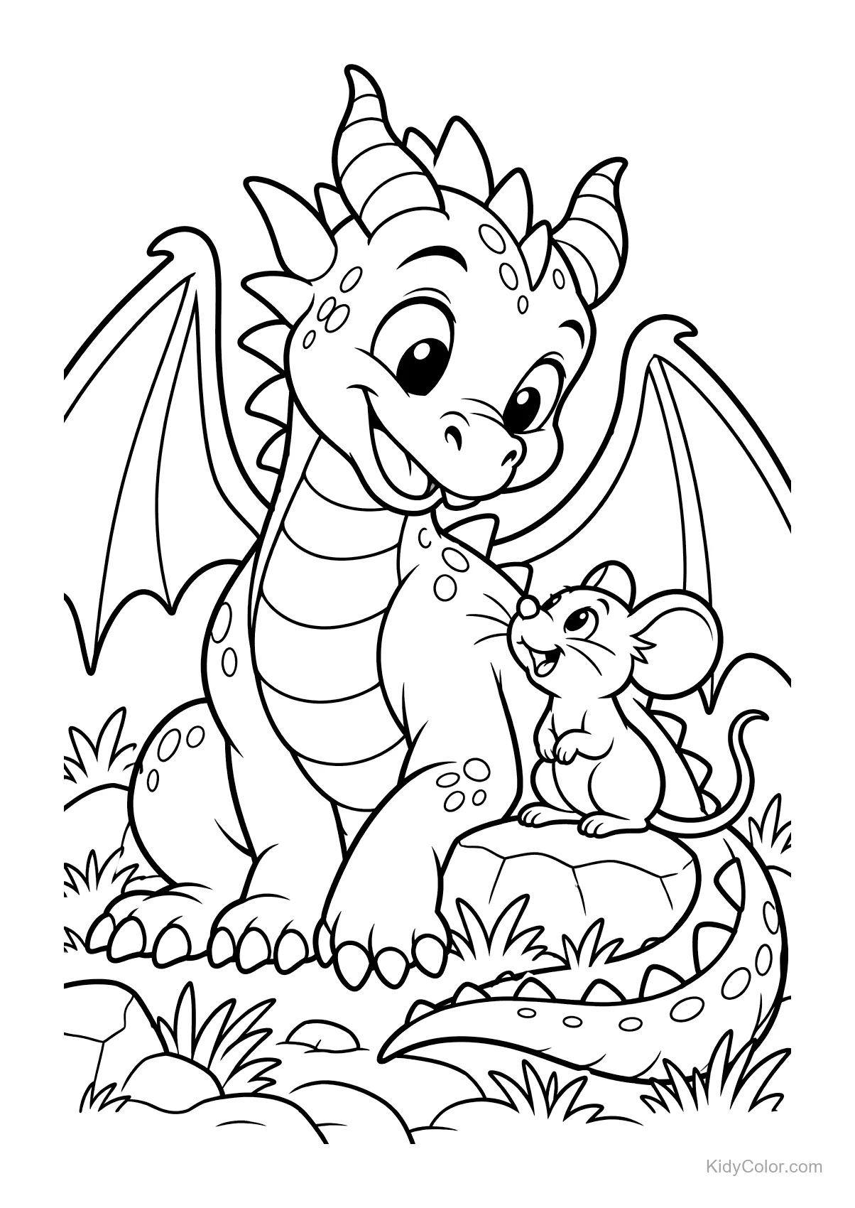 A dragon and a mouse sitting together happily.