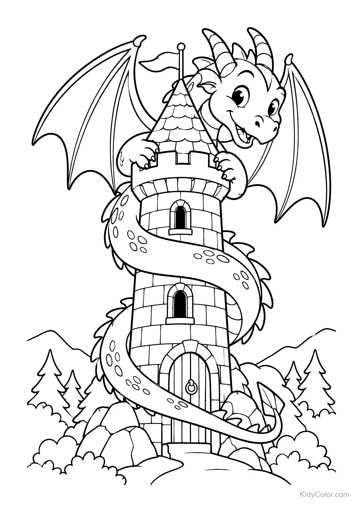 Friendly dragon with horns and wings wrapped around a castle tower.
