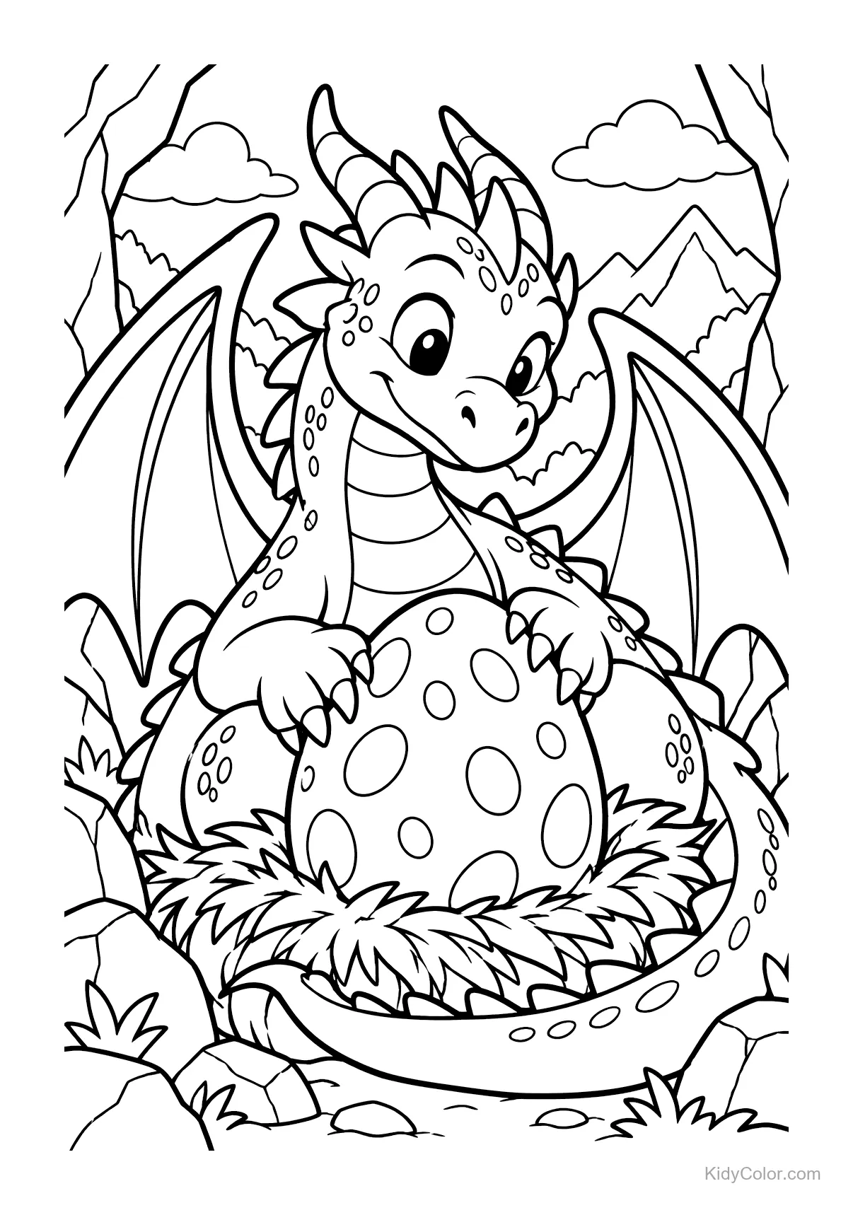 Friendly dragon sitting beside a large spotted egg in a nest.