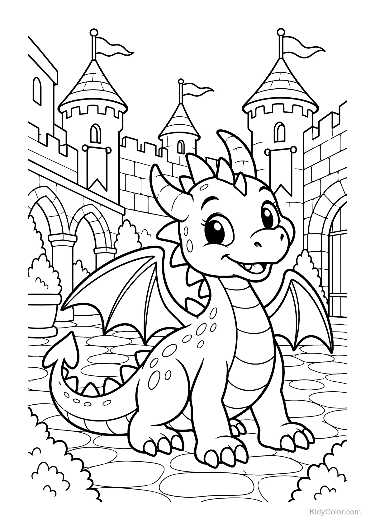 A smiling dragon sits in a castle courtyard with towers.