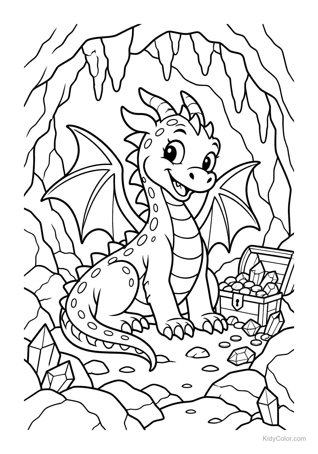 Friendly dragon sitting in a treasure cave with gems and coins.