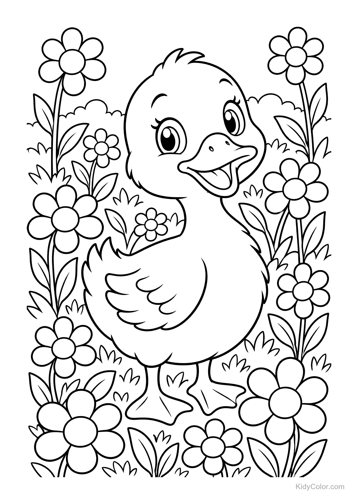 Canard amical debout dans un champ de fleurs.