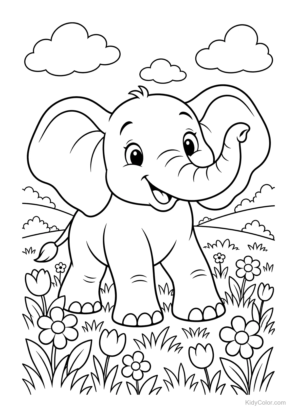 Friendly elephant in a meadow with flowers and clouds.
