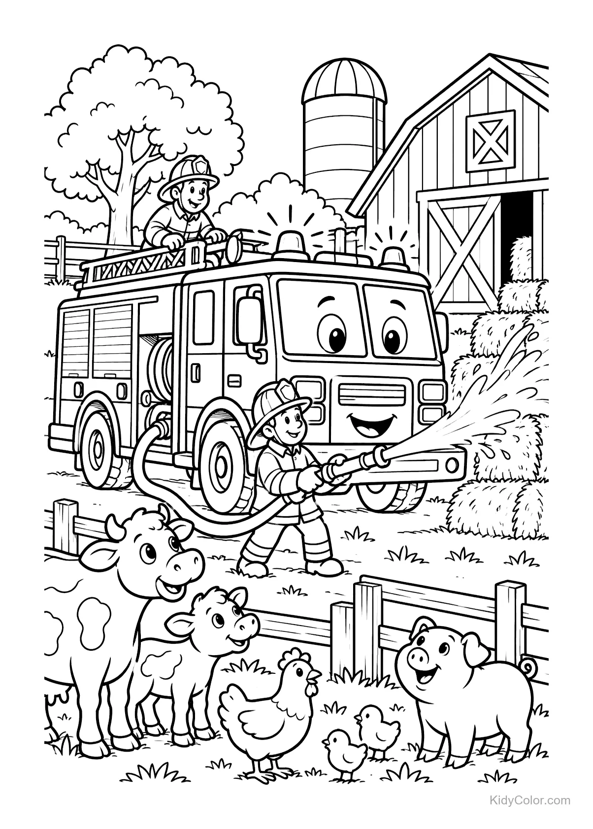 Fire truck with firefighters spraying water on a farm with animals.