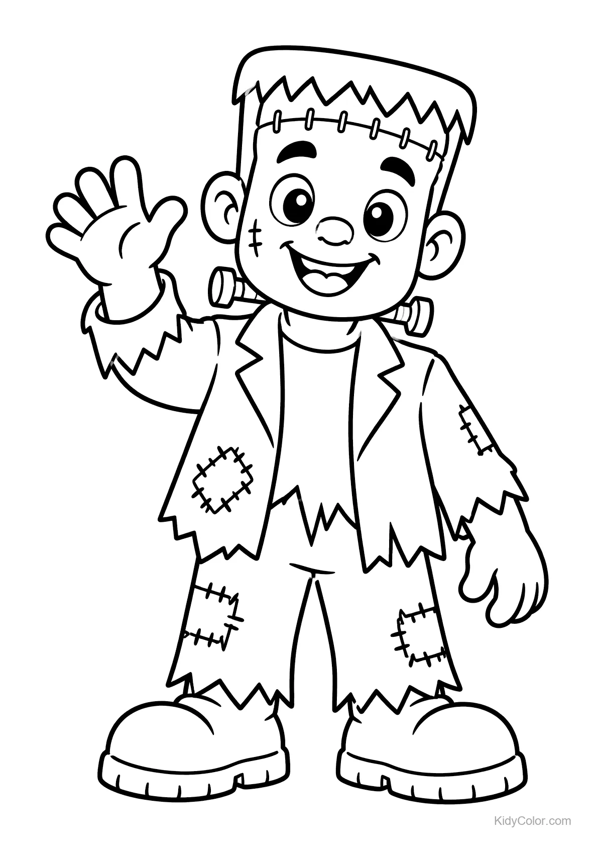 Monstruo Frankenstein amistoso con gran sonrisa y mano saludando.