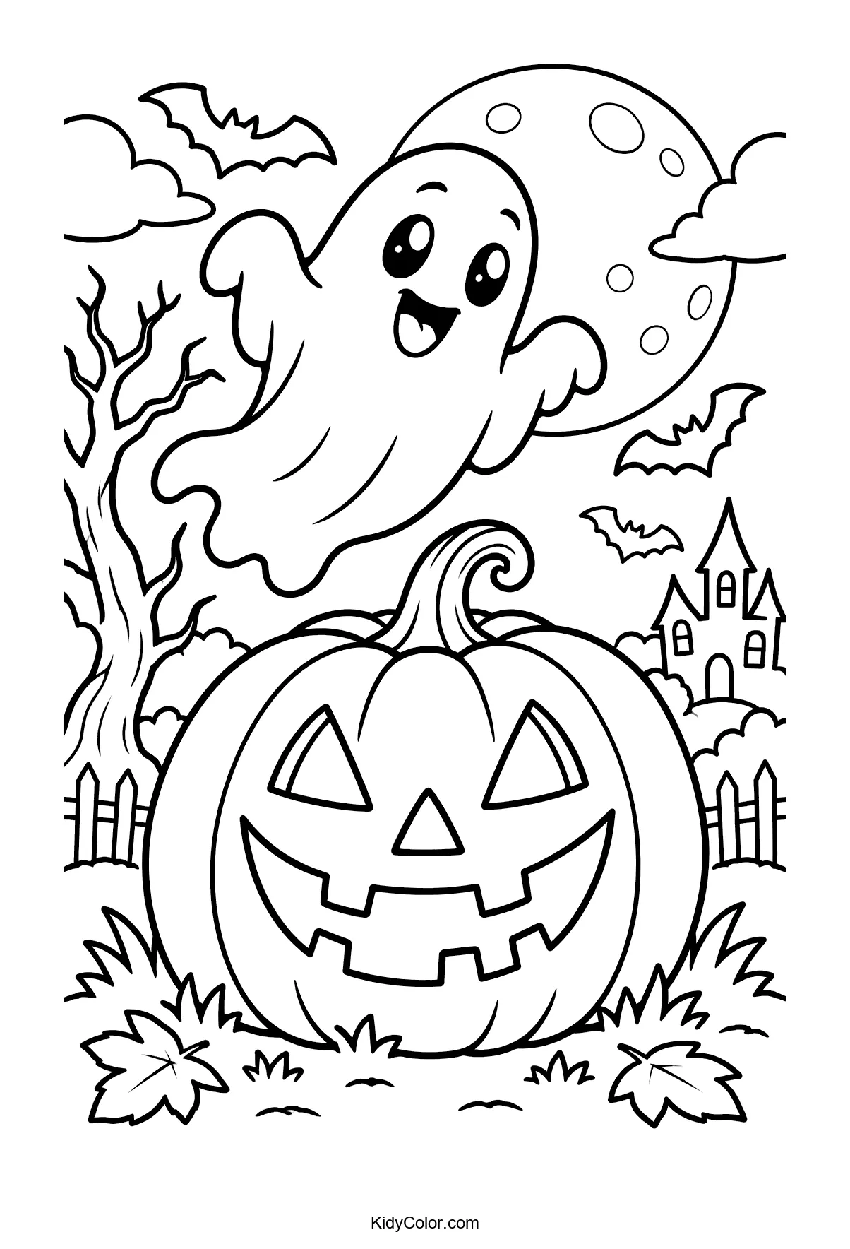 A happy ghost over a carved pumpkin with bats, a tree, and a haunted house.