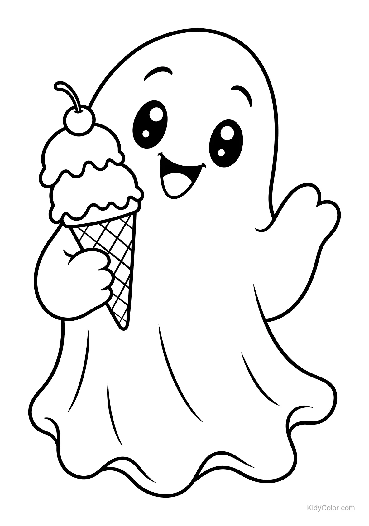 Un fantasma amichevole con un cono gelato e una ciliegia.