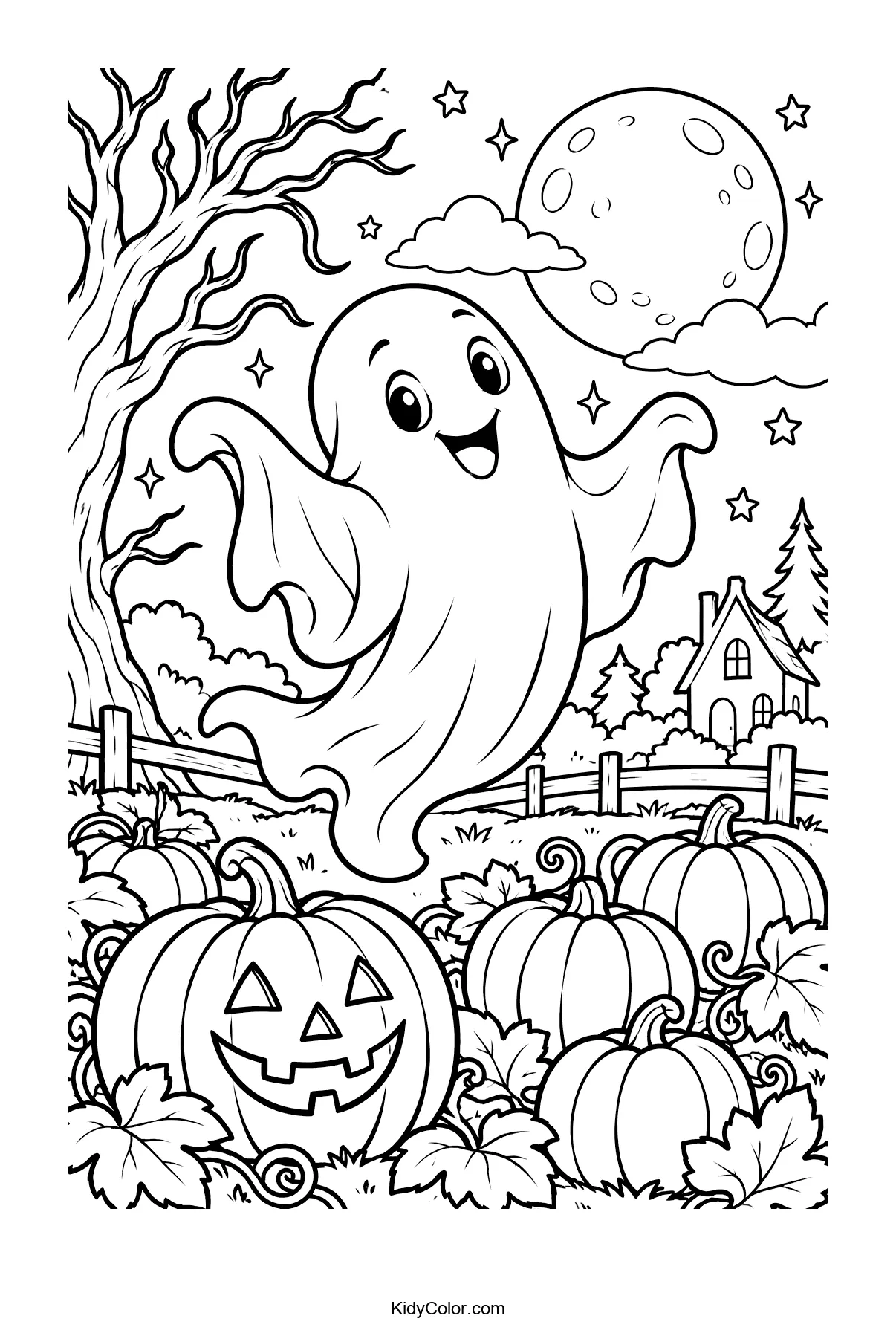 A friendly ghost hovering in a pumpkin patch with moon and stars.
