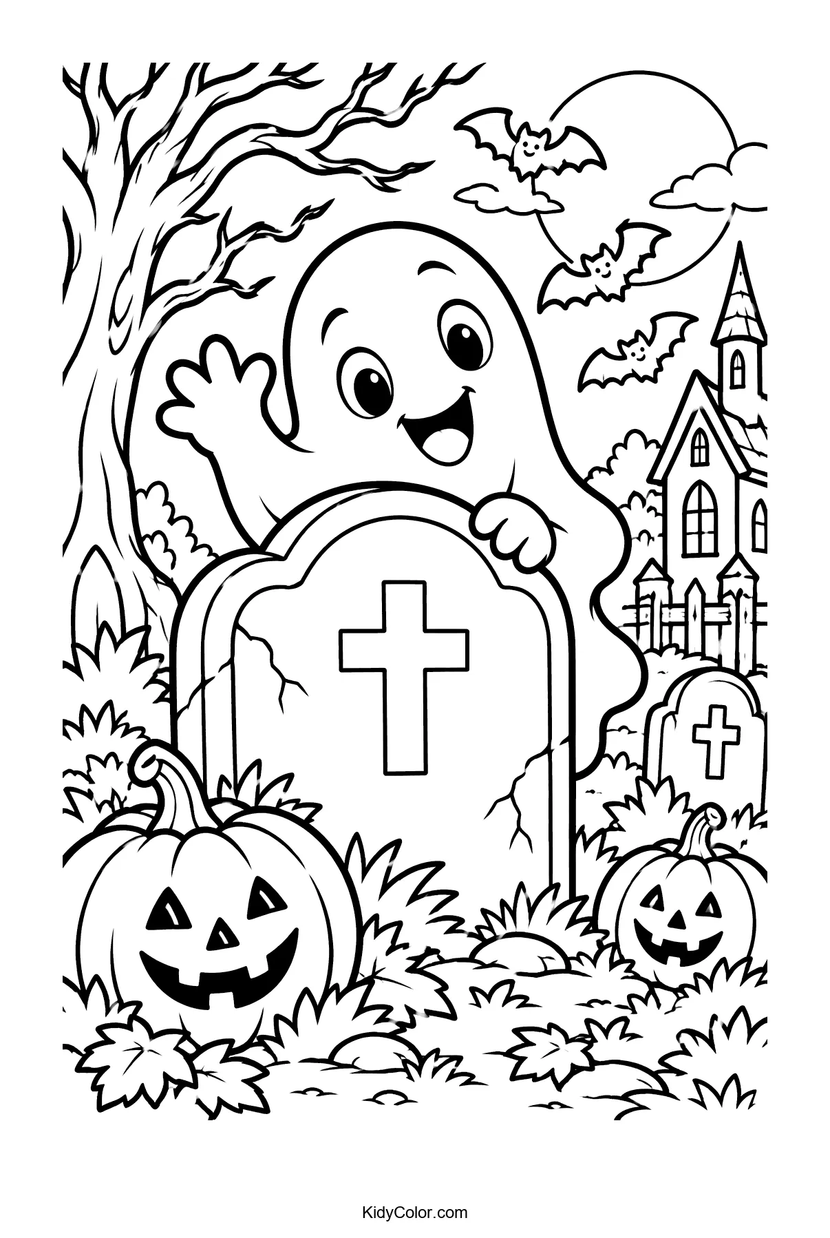 Friendly ghost waving behind tombstones with pumpkins and bats.