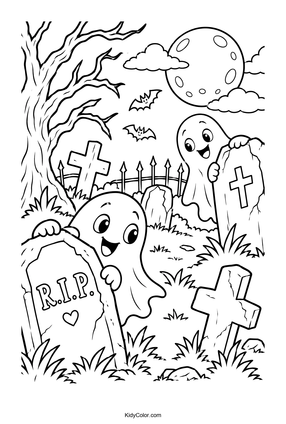 Two friendly ghosts in a graveyard with gravestones and a full moon.