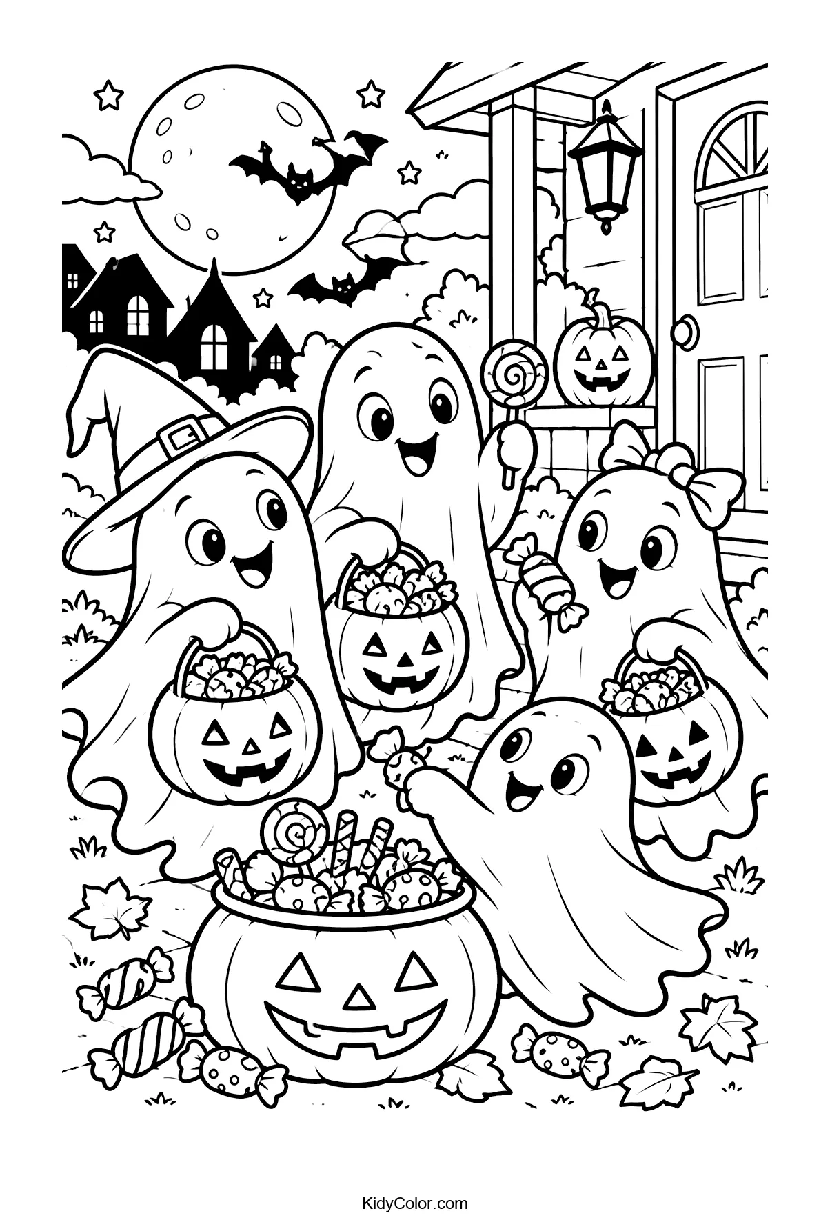 Four friendly ghosts with pumpkin buckets collecting Halloween candy.