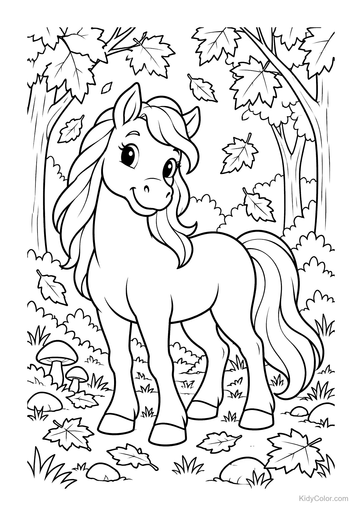 Caballo amigable en un bosque otoñal con hojas cayendo.