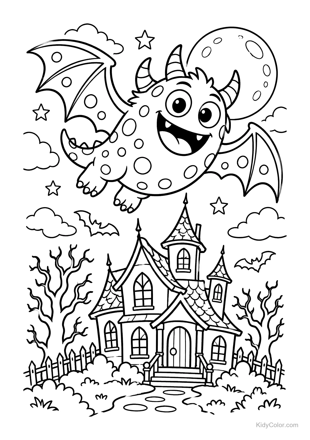 Friendly monster with wings flying over a haunted house at night.