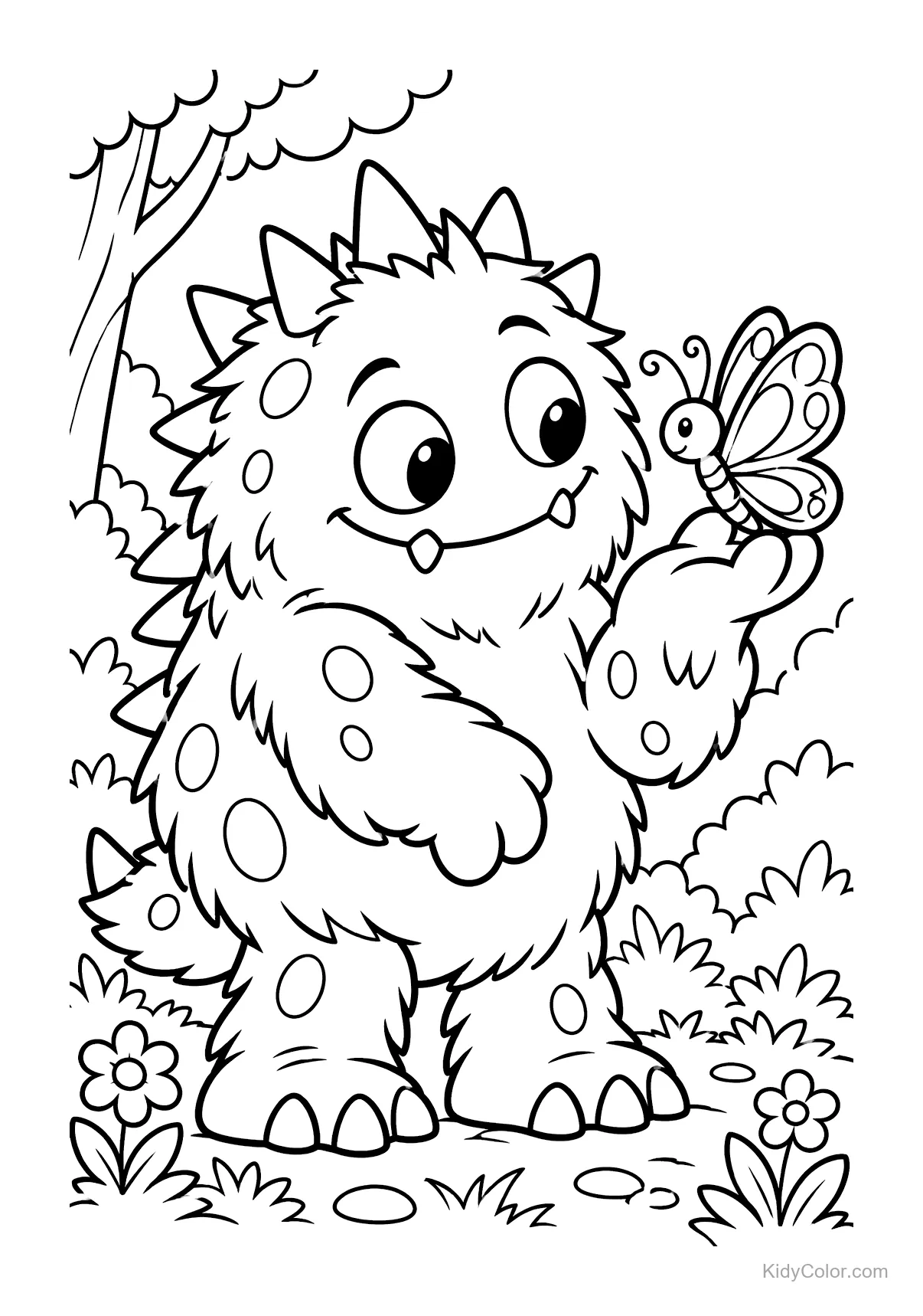 Friendly monster holding a butterfly in a garden.