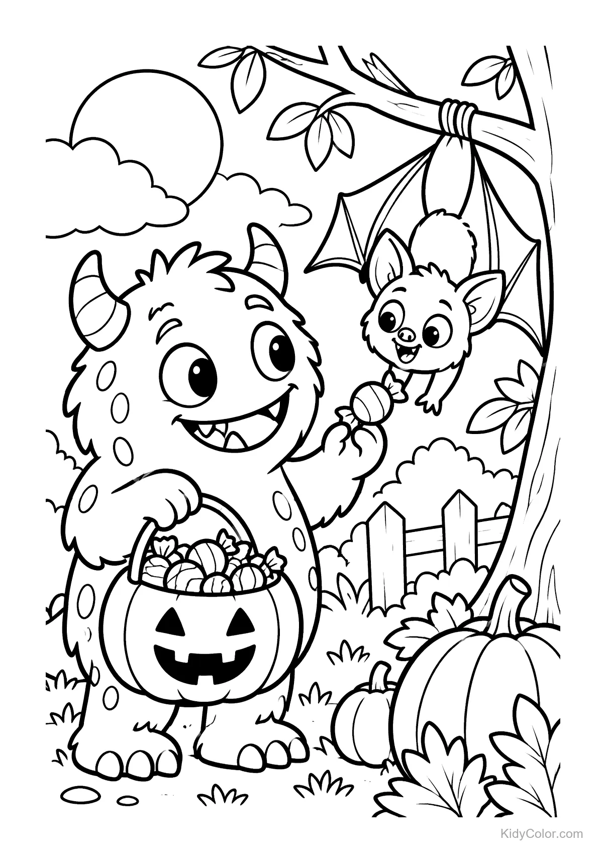 A monster shares candy with a bat in a tree under a full moon.
