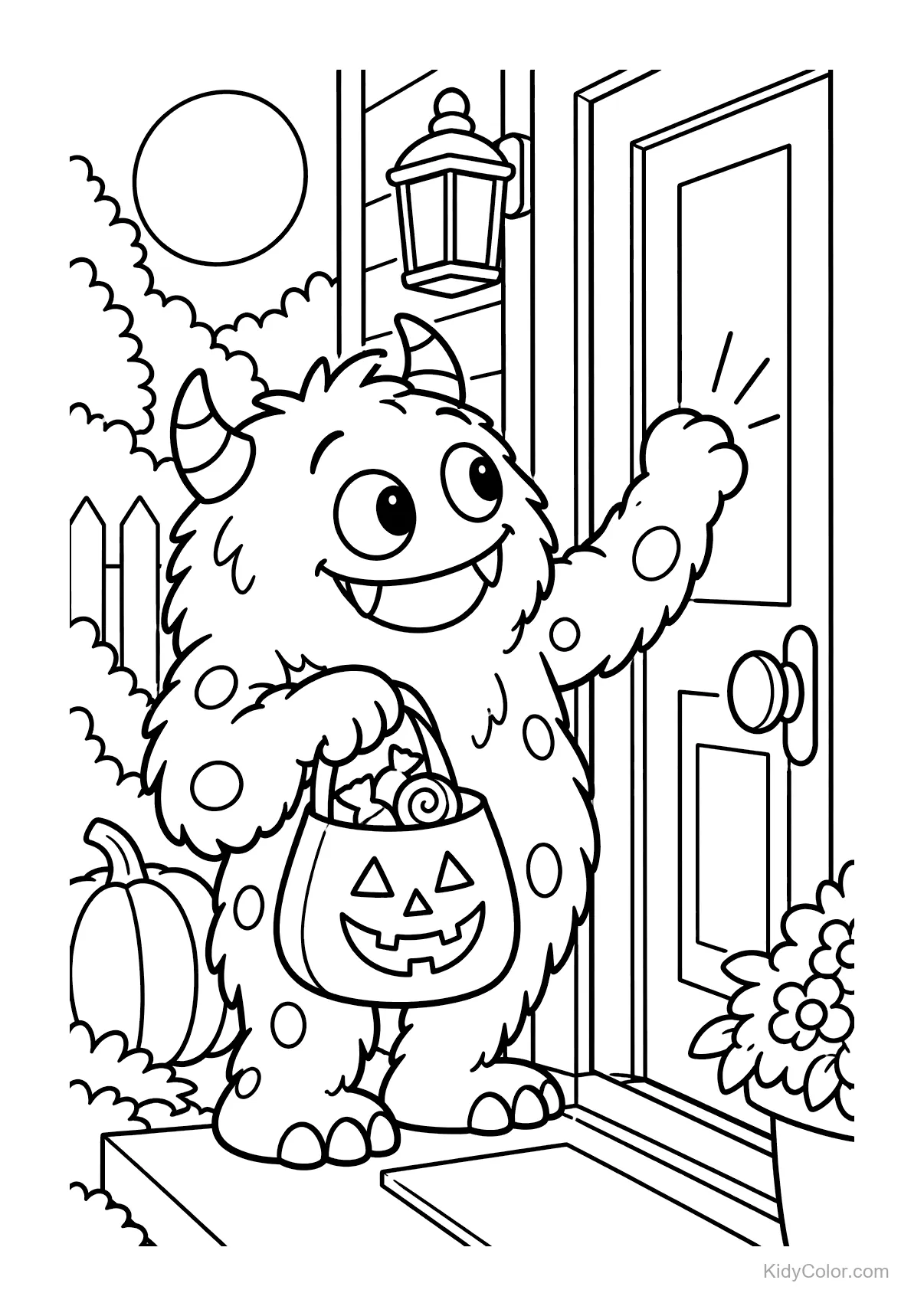 Monstruo amistoso tocando una puerta con una bolsa de calabaza.
