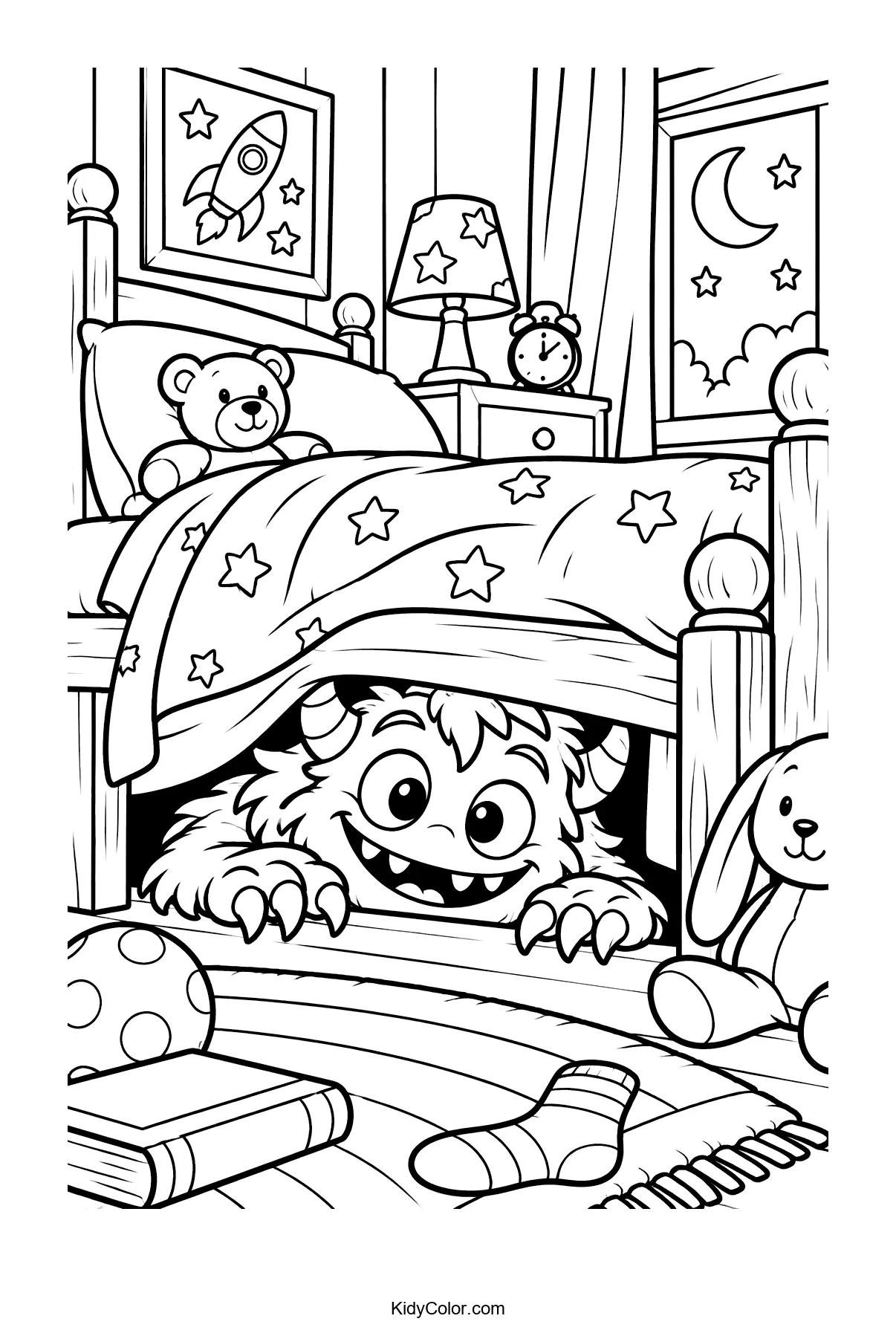 Friendly monster peeking out from under a bed in a kid's room at night.