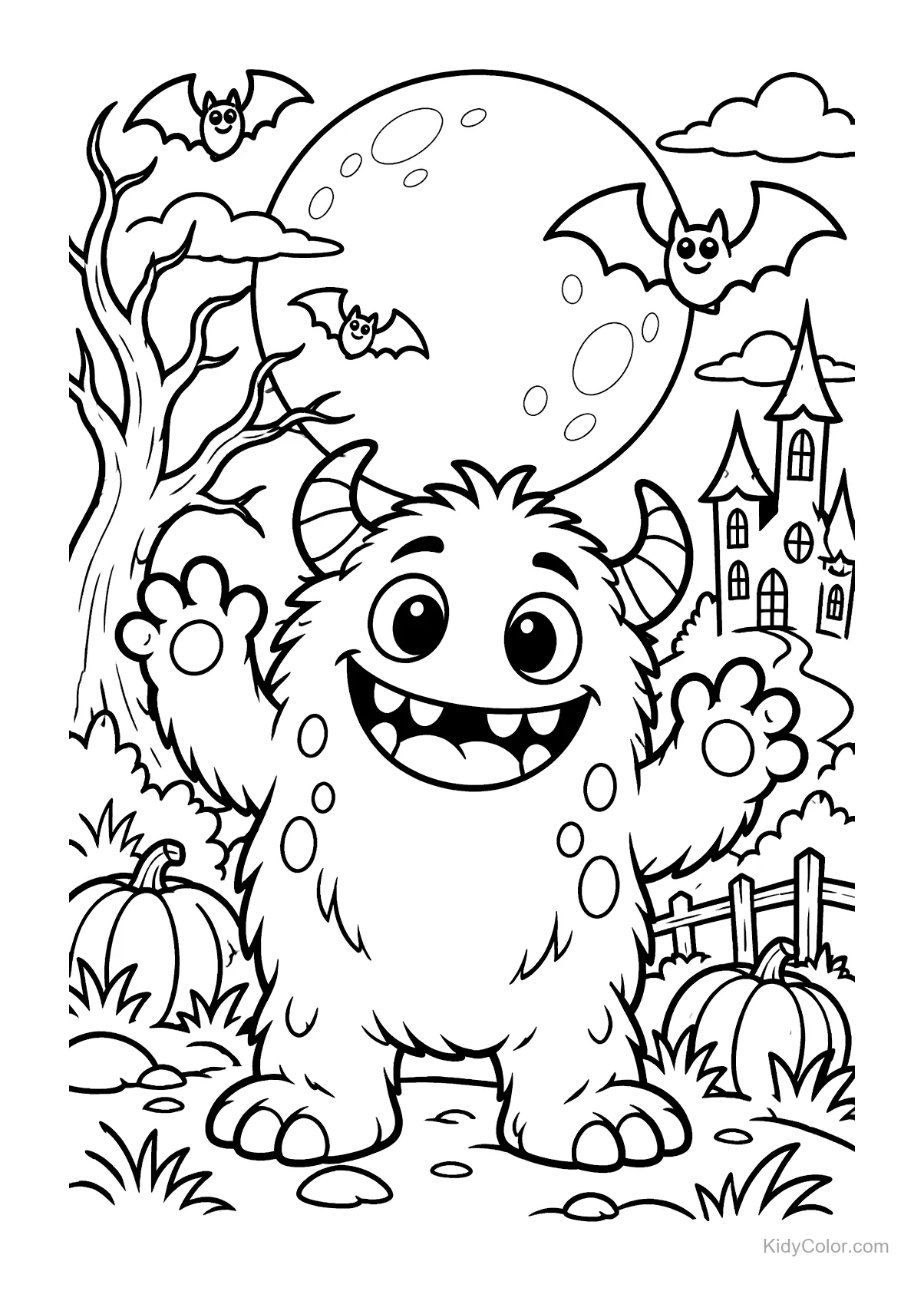 Friendly monster under a full moon with bats and a spooky house.
