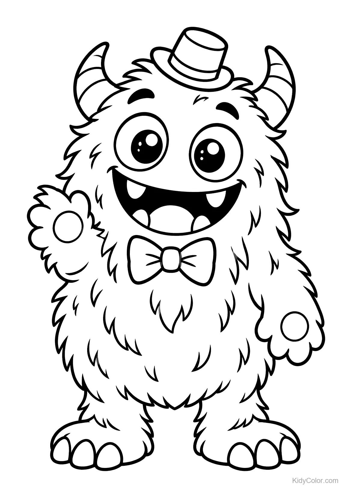 Horned monster with a bowtie and hat waving and smiling.