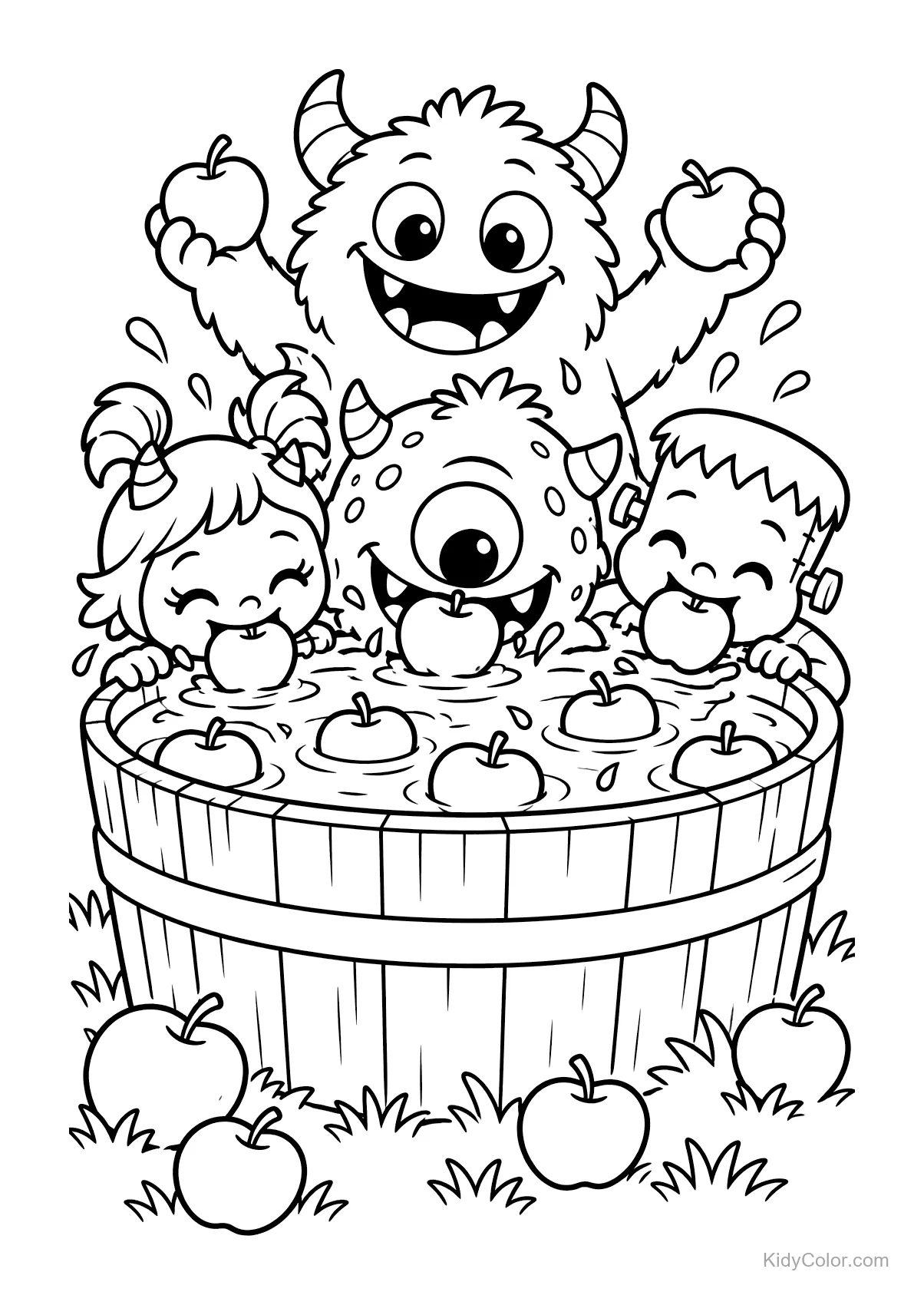 Tres monstruos amigables atrapando manzanas en un barril de madera.