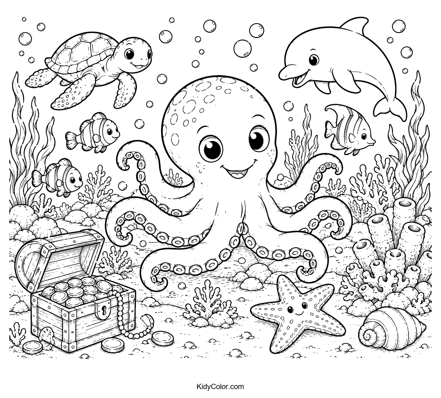 Friendly octopus with sea turtle, dolphin, fish, and treasure chest.