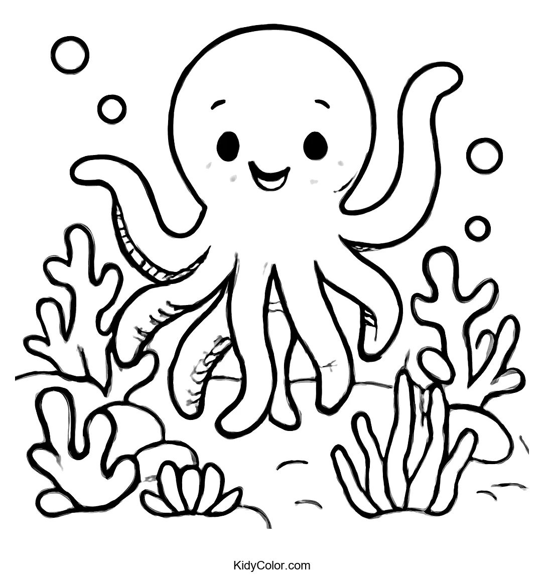 Friendly octopus waving tentacles underwater with coral around.