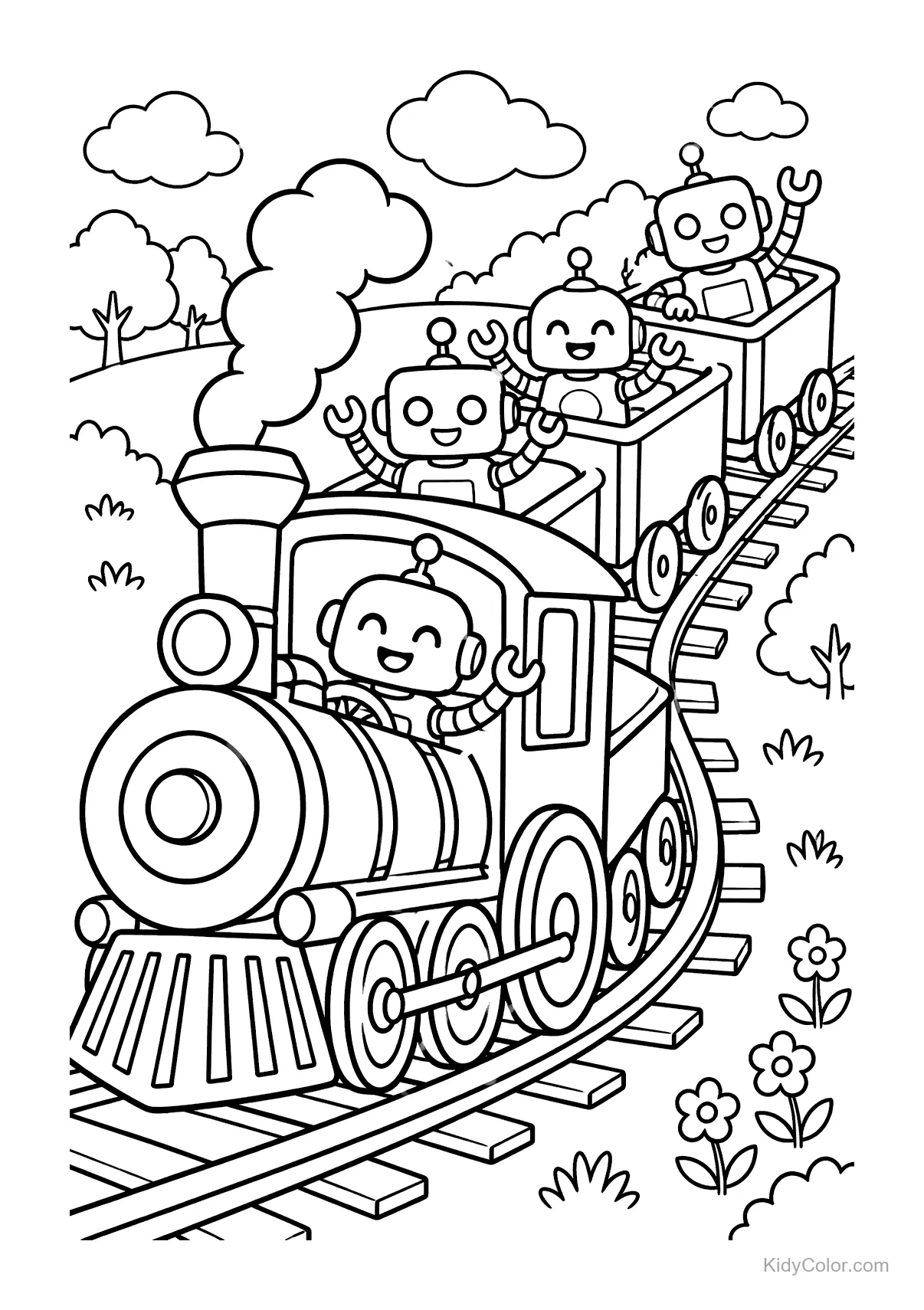 Friendly robots ride a cartoon train through the countryside.