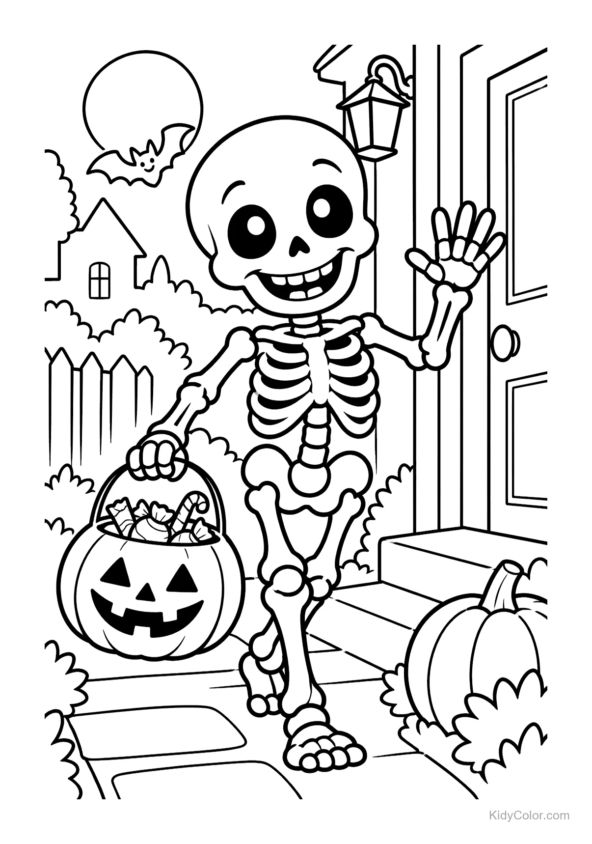 Esqueleto sonriente con cubeta de calabaza baja escalones.