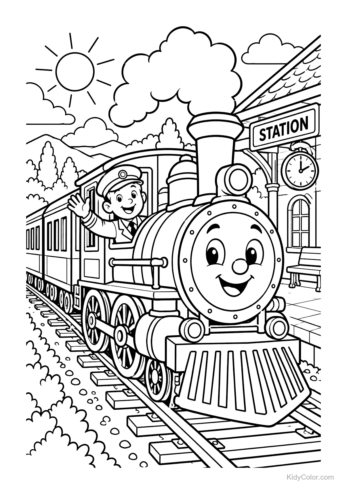 Friendly steam train with smiling face at a station, conductor waving.