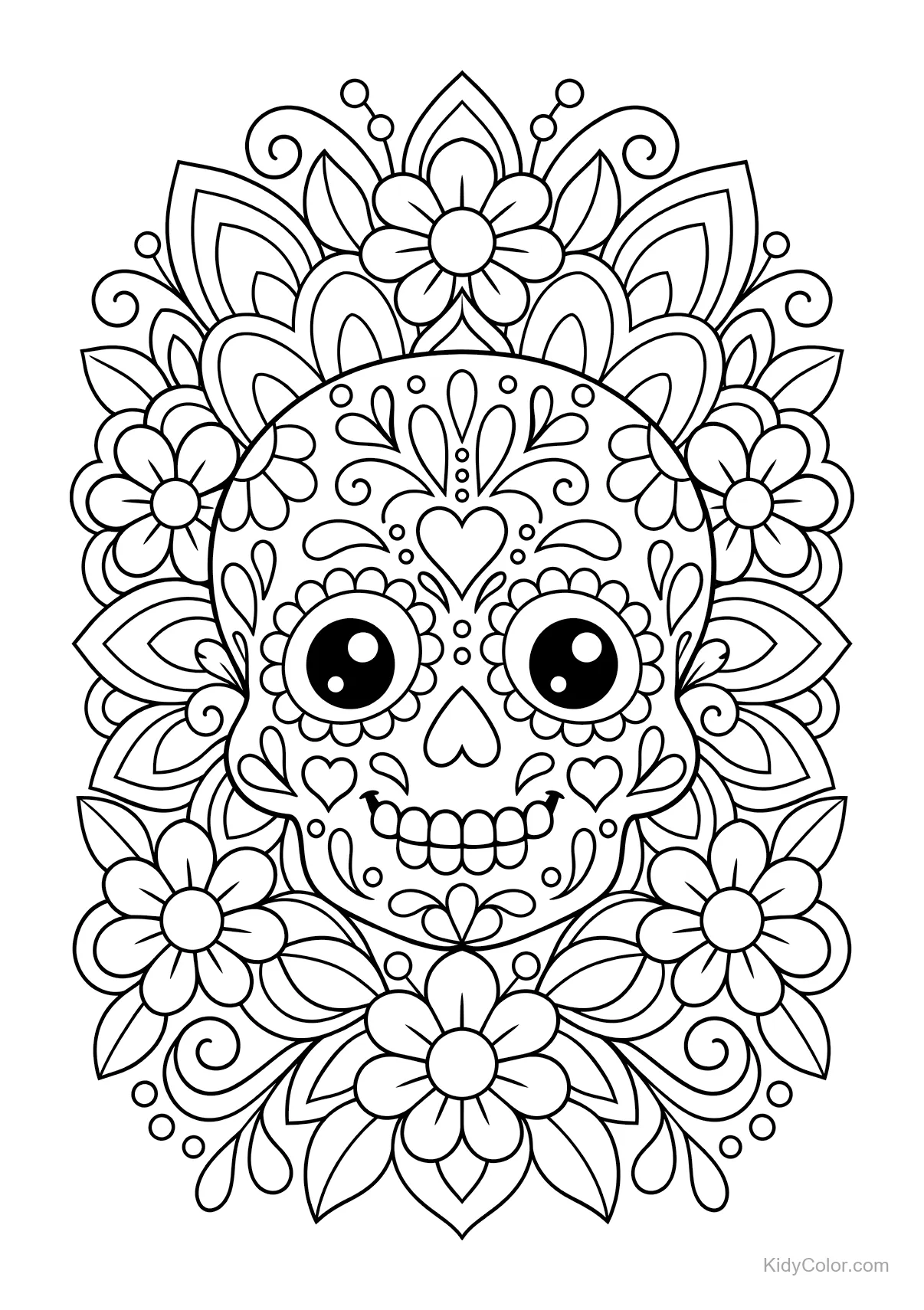Calavera de azúcar amigable con diseño de mandala floral.
