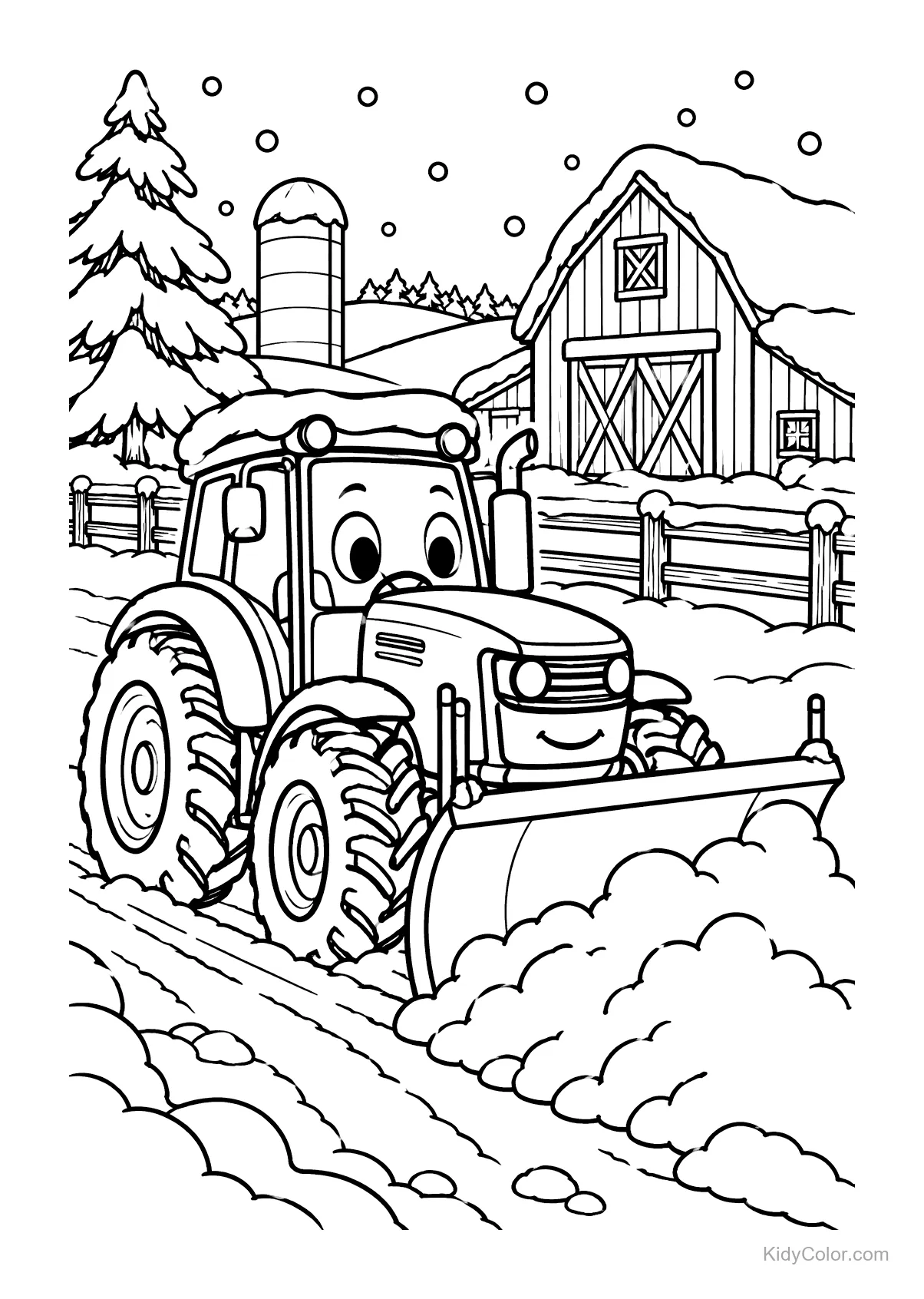 Friendly tractor with a plow moving snow in front of a barn.