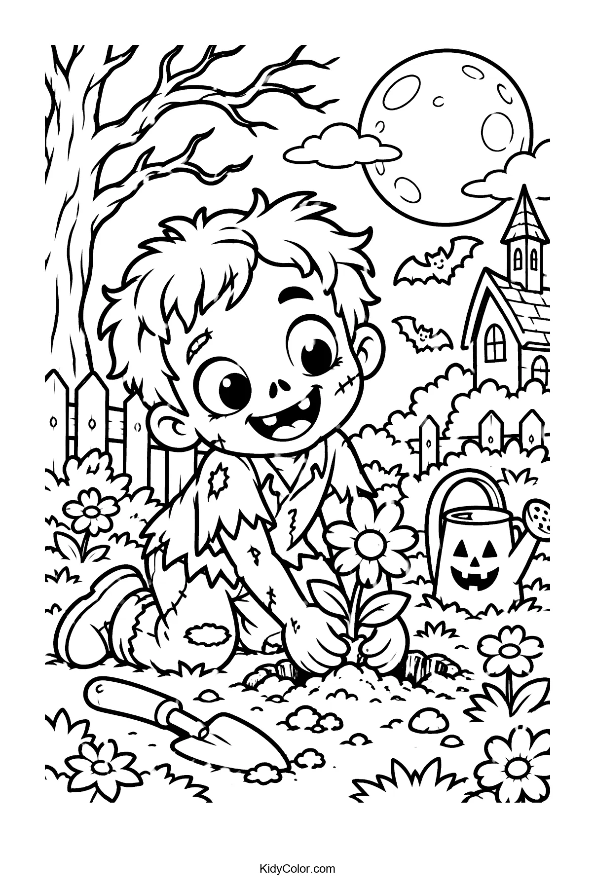 Friendly zombie planting flowers in a garden under the moon.