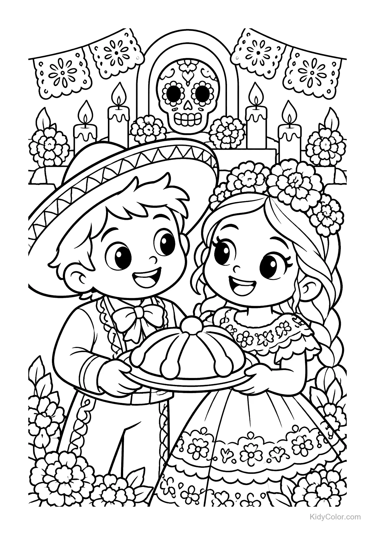 Dos niños con trajes tradicionales compartiendo pan de muerto.